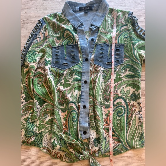 A.Z.I. New York Paisley Denim Chiffon Lattice Open Long Sleeve button Down Top S - Picture 10 of 15
